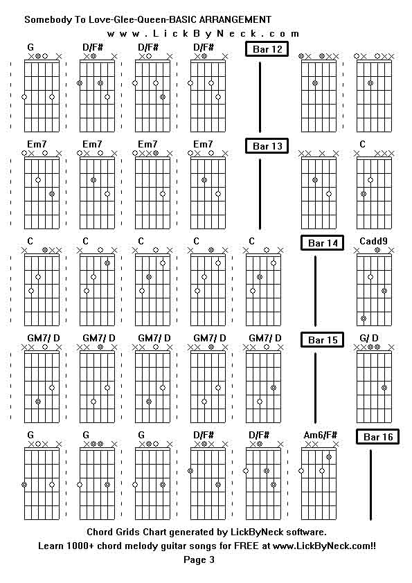 Chord Grids Chart of chord melody fingerstyle guitar song-Somebody To Love-Glee-Queen-BASIC ARRANGEMENT,generated by LickByNeck software.